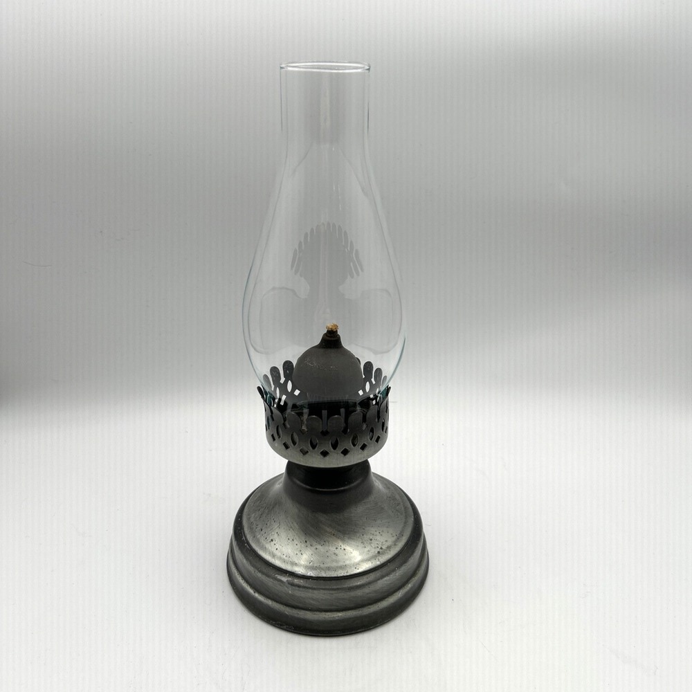 Hollowick Oil Lamp Vintage Silver Glass Chimney Rustic Farmhouse Table Lighting